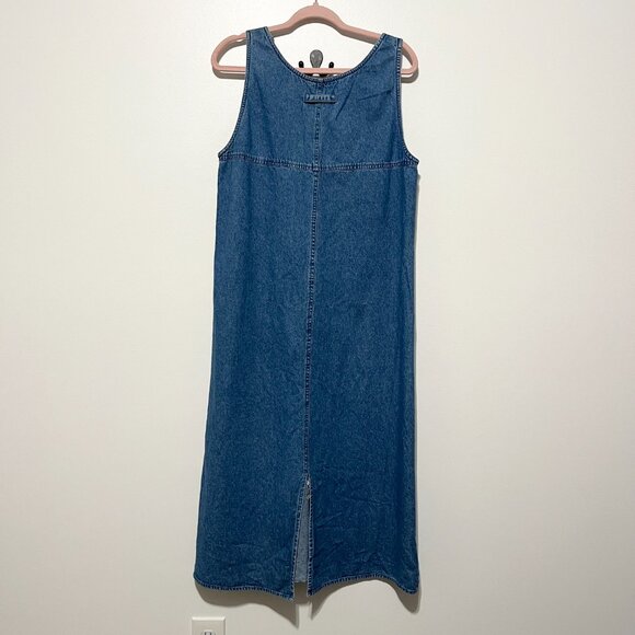 Agapo Womens Maxi Denim Jumper Dress Sz L Embroidered Floral Cottagecore Teacher - Picture 2 of 9